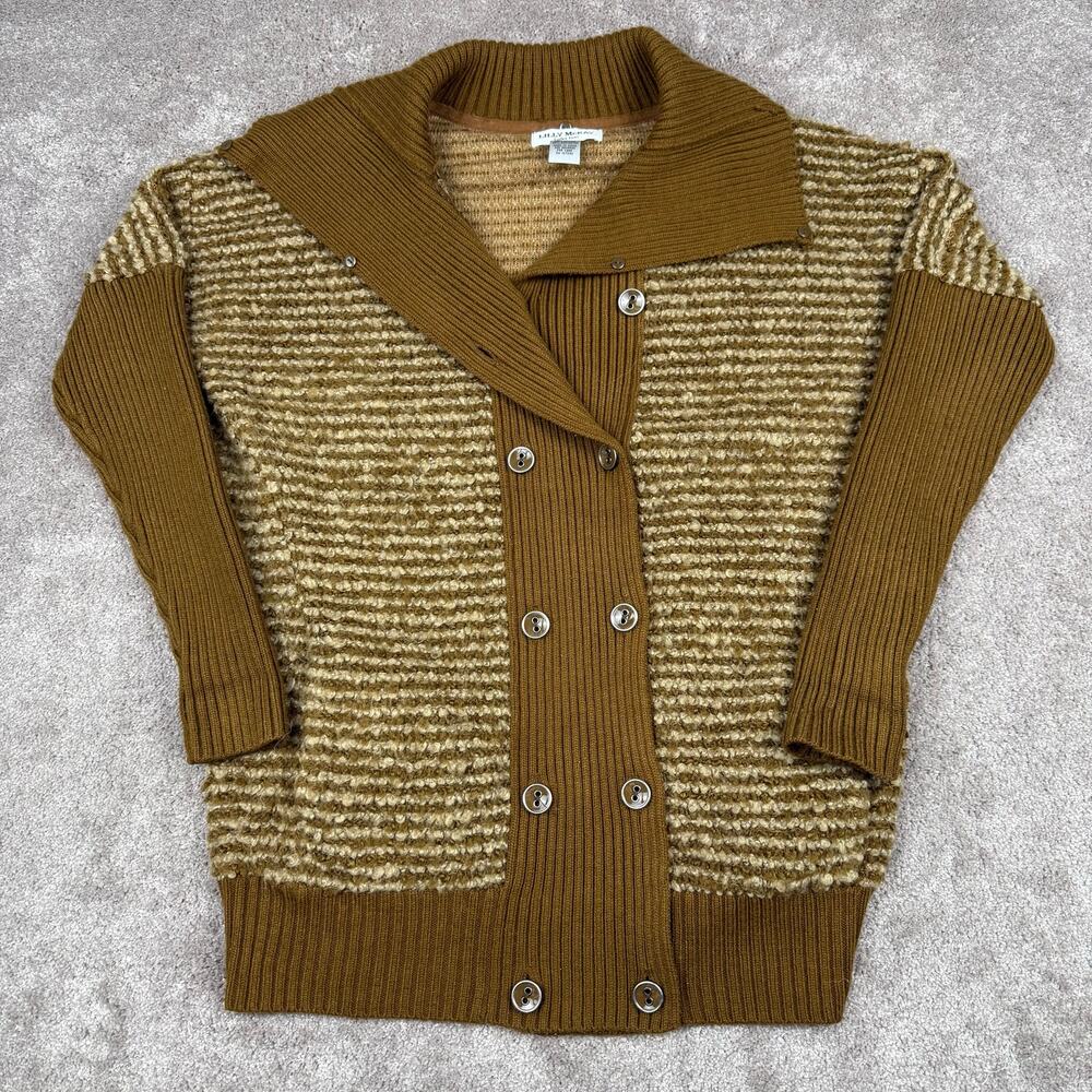 Brown Tan Knit Cardigan Sweater Size L Bouclé Striped Lilly McKay Retro